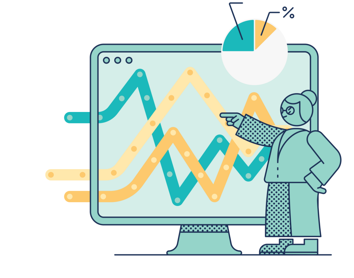 A graphic of a STEAMe person pointing at a screen. On the screen are multicolored diagrams showcasing different charts and analytics. . 