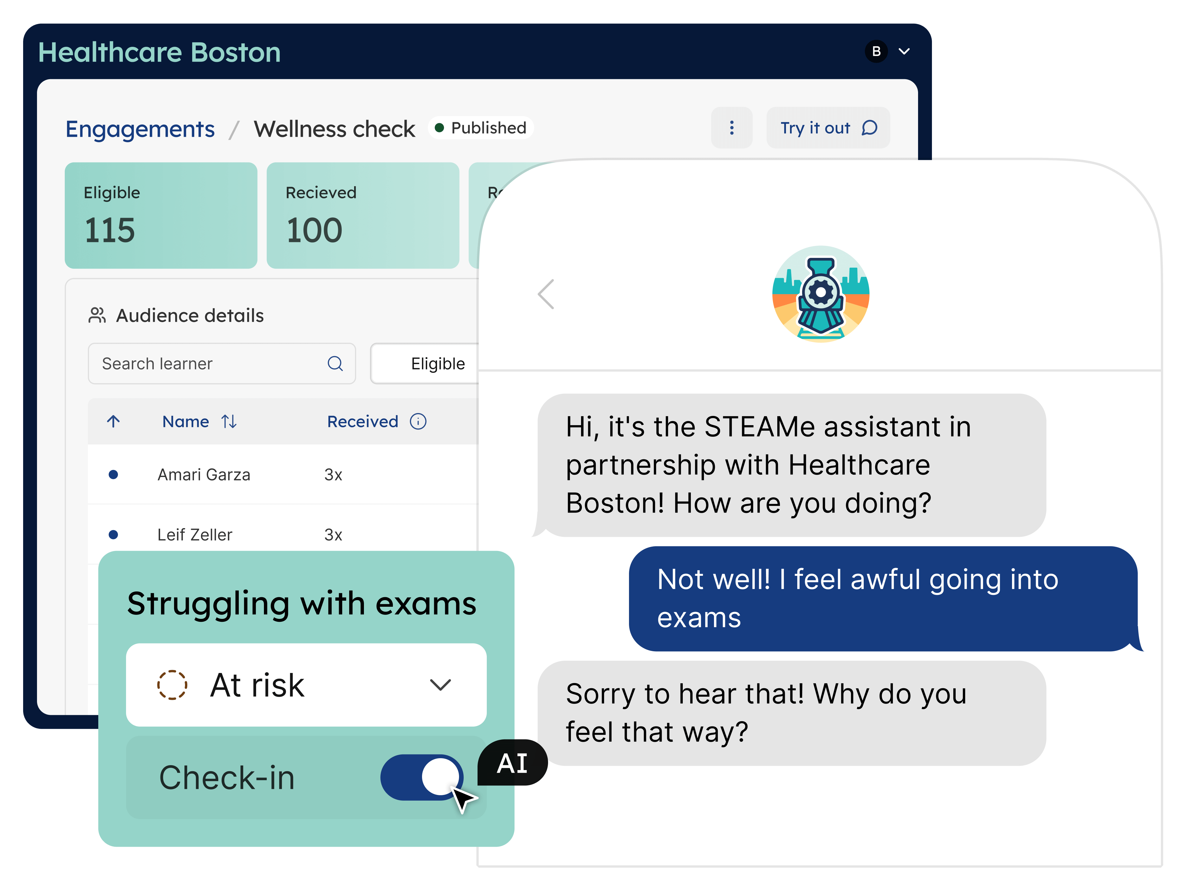 An Engagements configuration screen for the Wellness Check with audience details. Overlaid is a phone with a text conversation between an AI bot and a learner showing that the learner is struggling with exams and they would like a coach check-in.