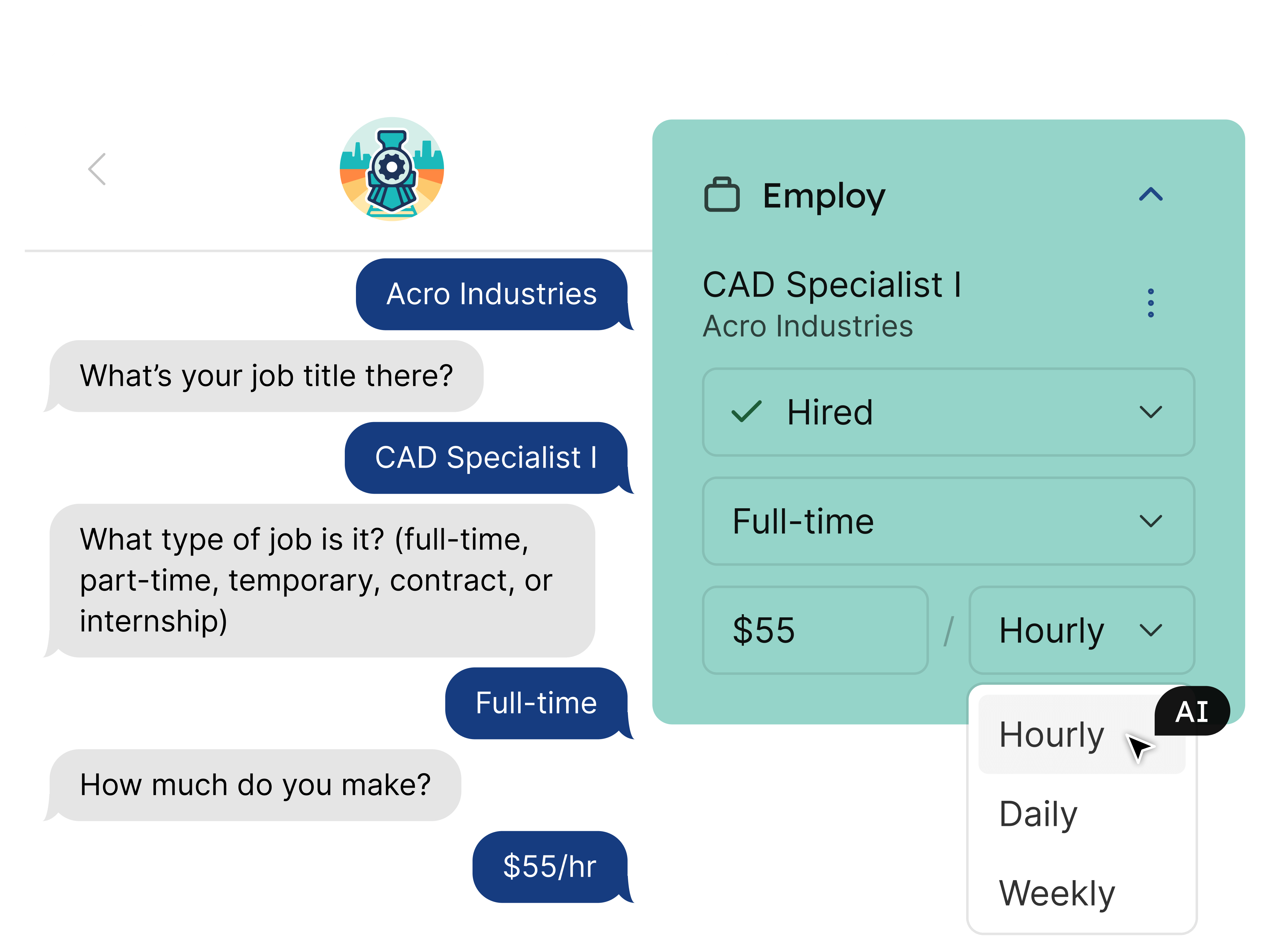 A phone with a text conversation between an AI bot and a learner showing that bot is collecting job outcomes. Overlaid on the phone a section of the learner record that's being updated in real-time with structured job outcome data.