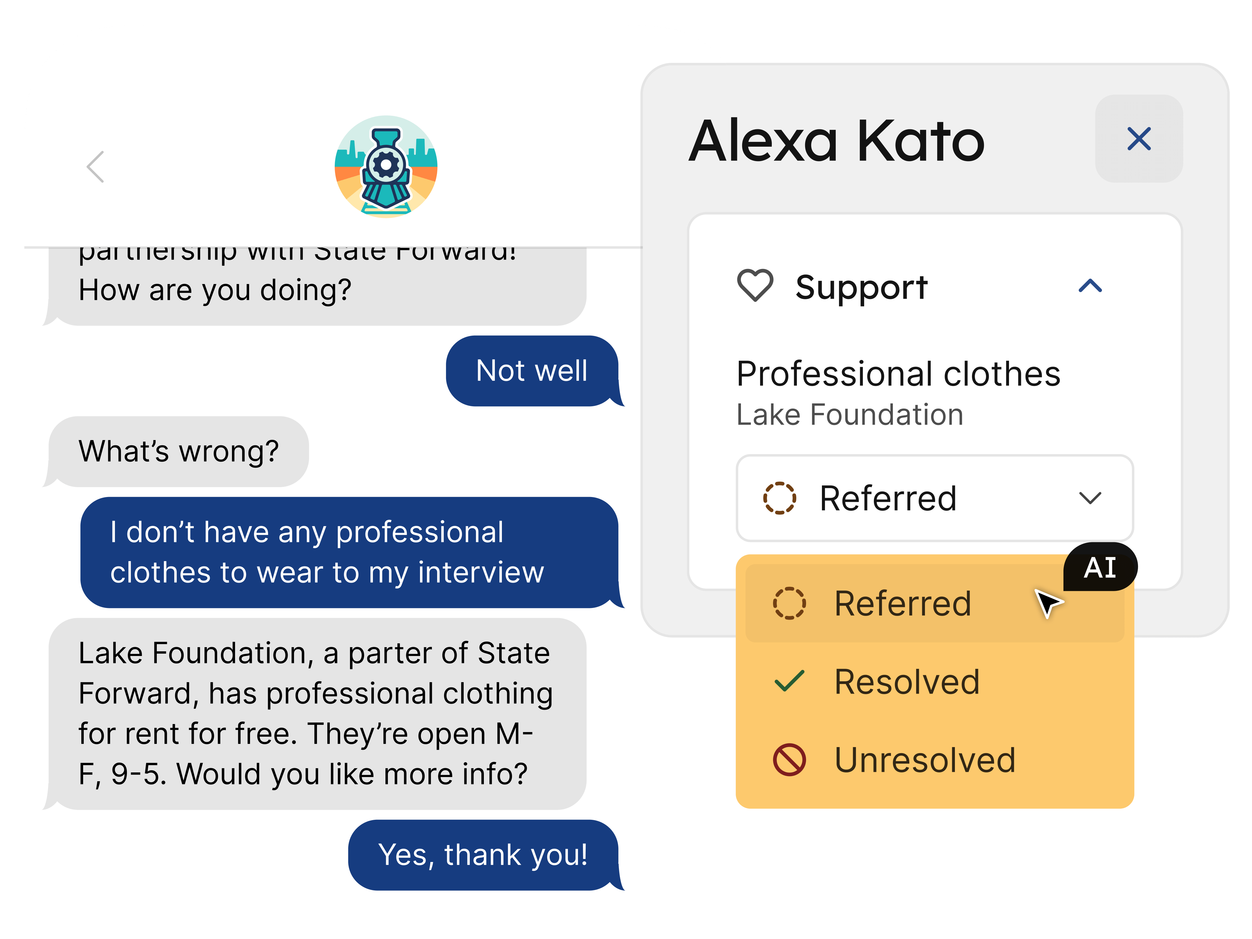A phone with a text conversations between an AI bot and a learner showing that the bot is providing direct referrals to a support the learner needs. Overlaid is the direct referral being documented on the learner record.