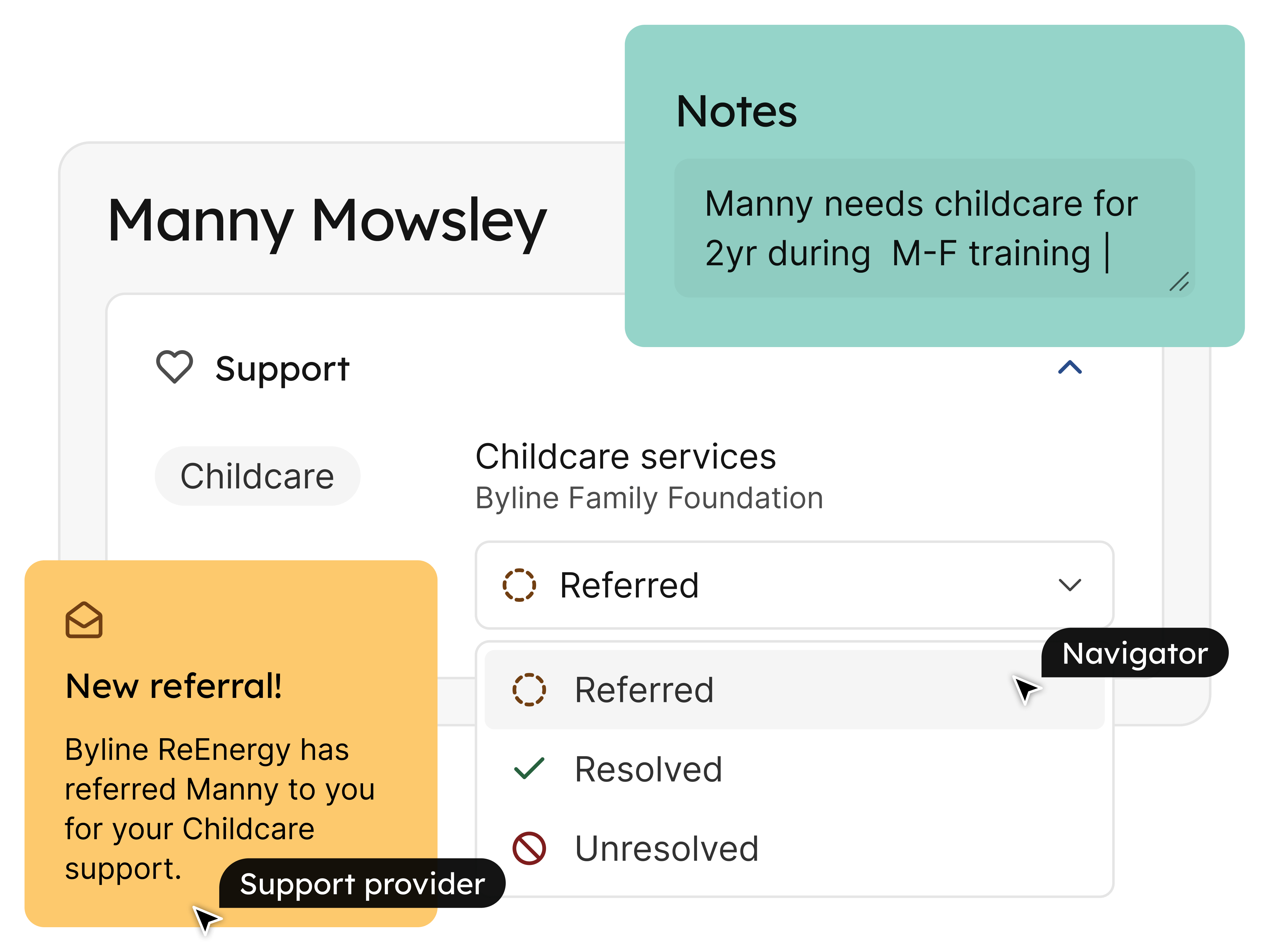 A learner record with the support card opened and a Navigator cursor selecting that the Childcare support has been referred. Overlaid is two cards: one that lists out notes about the referral, and the other that shows an email about the new referral.