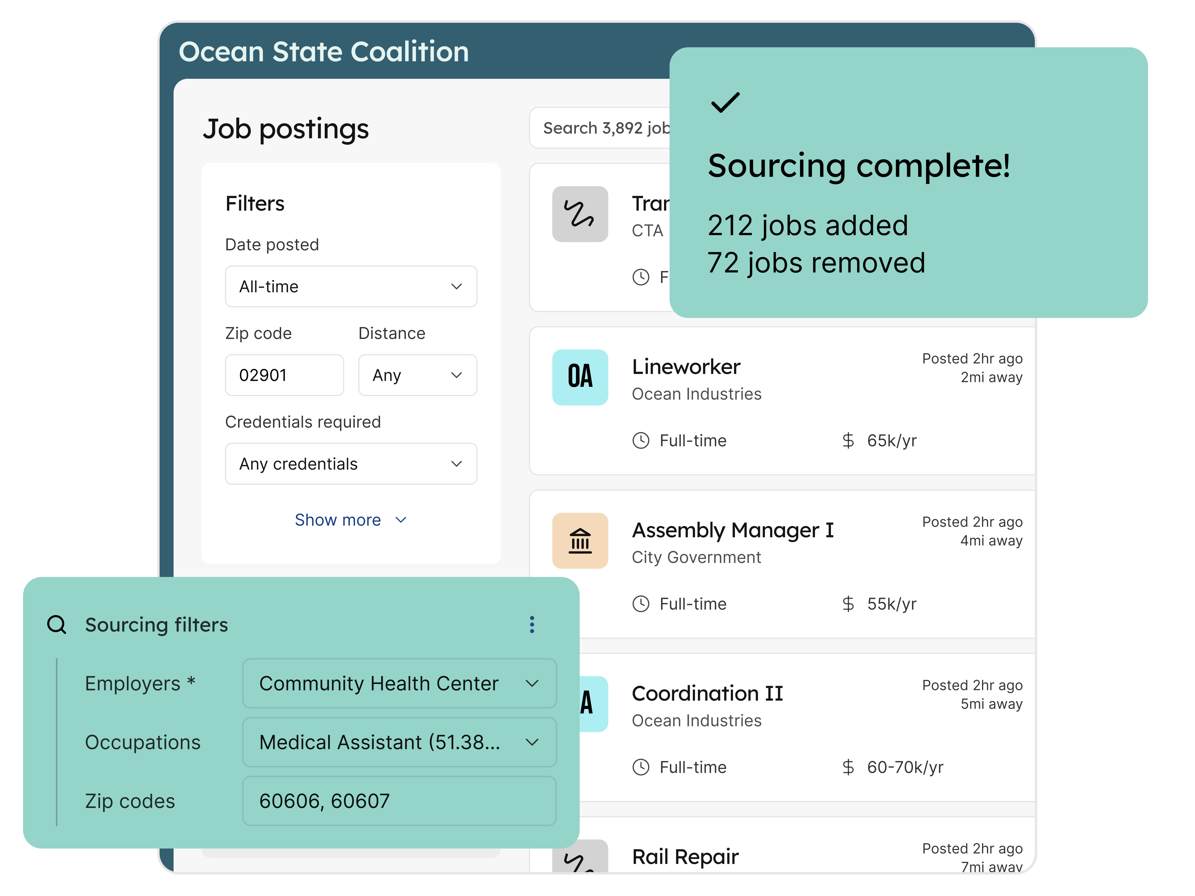 A job portal with many filter options and job postings. Overlaid is two cards: one that shows the auto-sourcing criteria customers can configure to get jobs, and the other that shows a successful auto-sourcing of jobs.