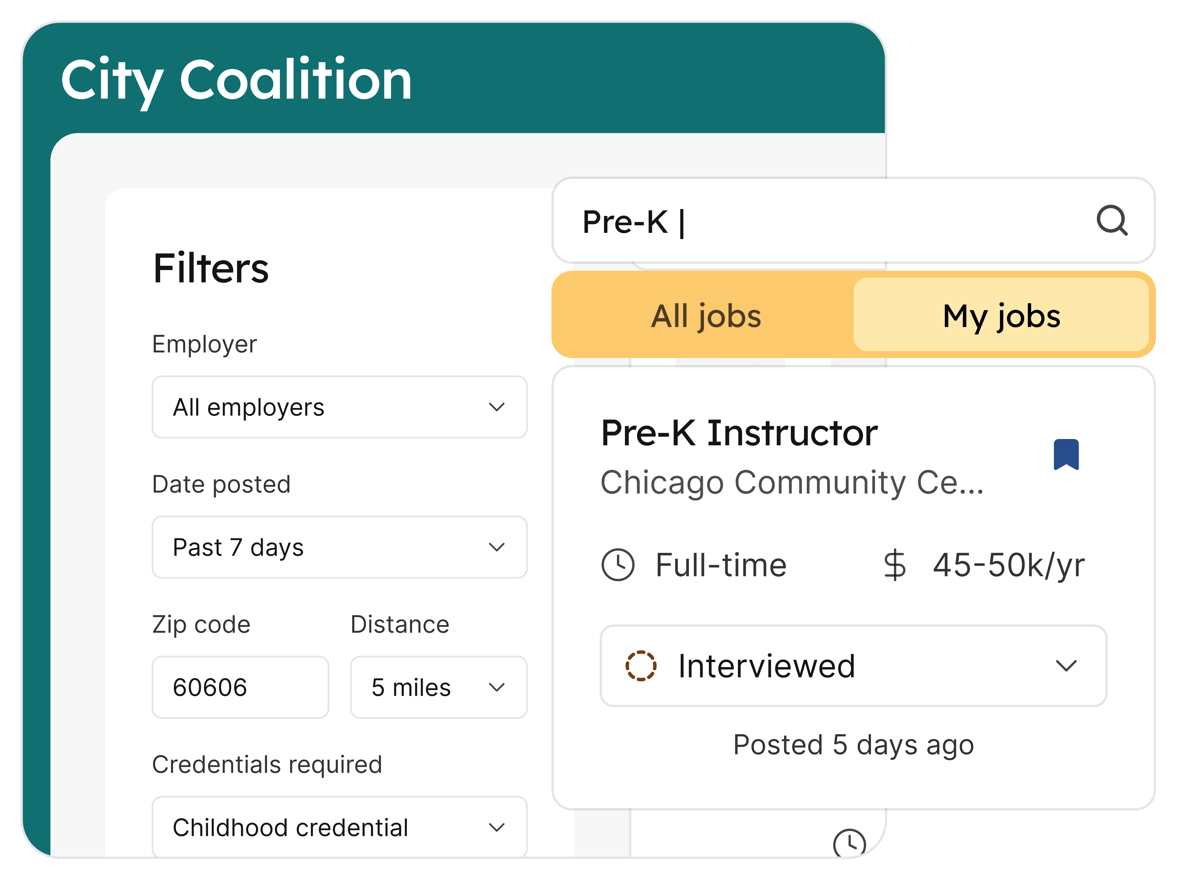 A job portal with many filter options including Employers, Date Posted, and Zip code. An overlay show a search for a specific type of jobs within the learners saved jobs.