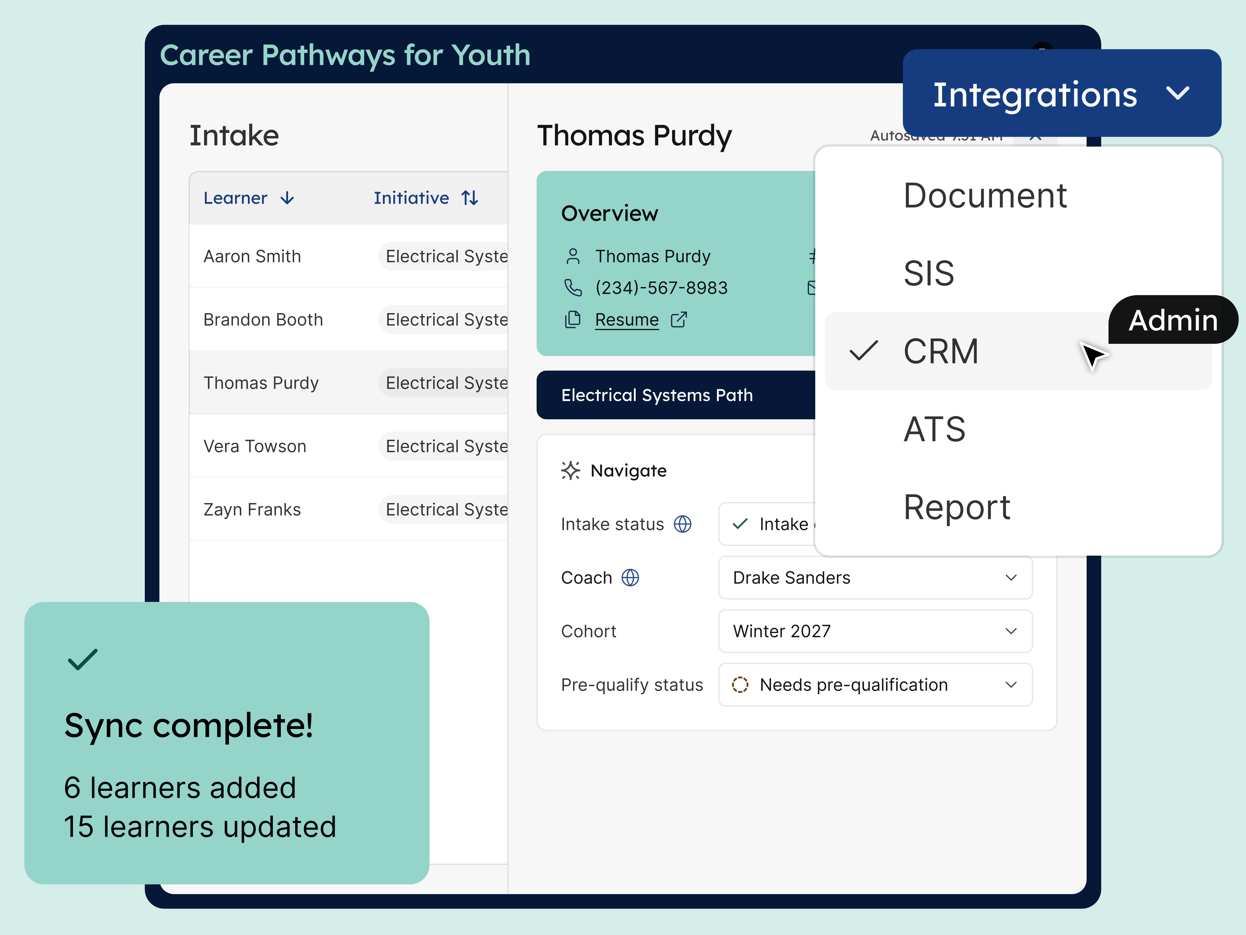 A learner record with an overlaid select menu where an Admin is selecting from a list of integrations. A second overlay shows that an integration sync has been successfully complete.