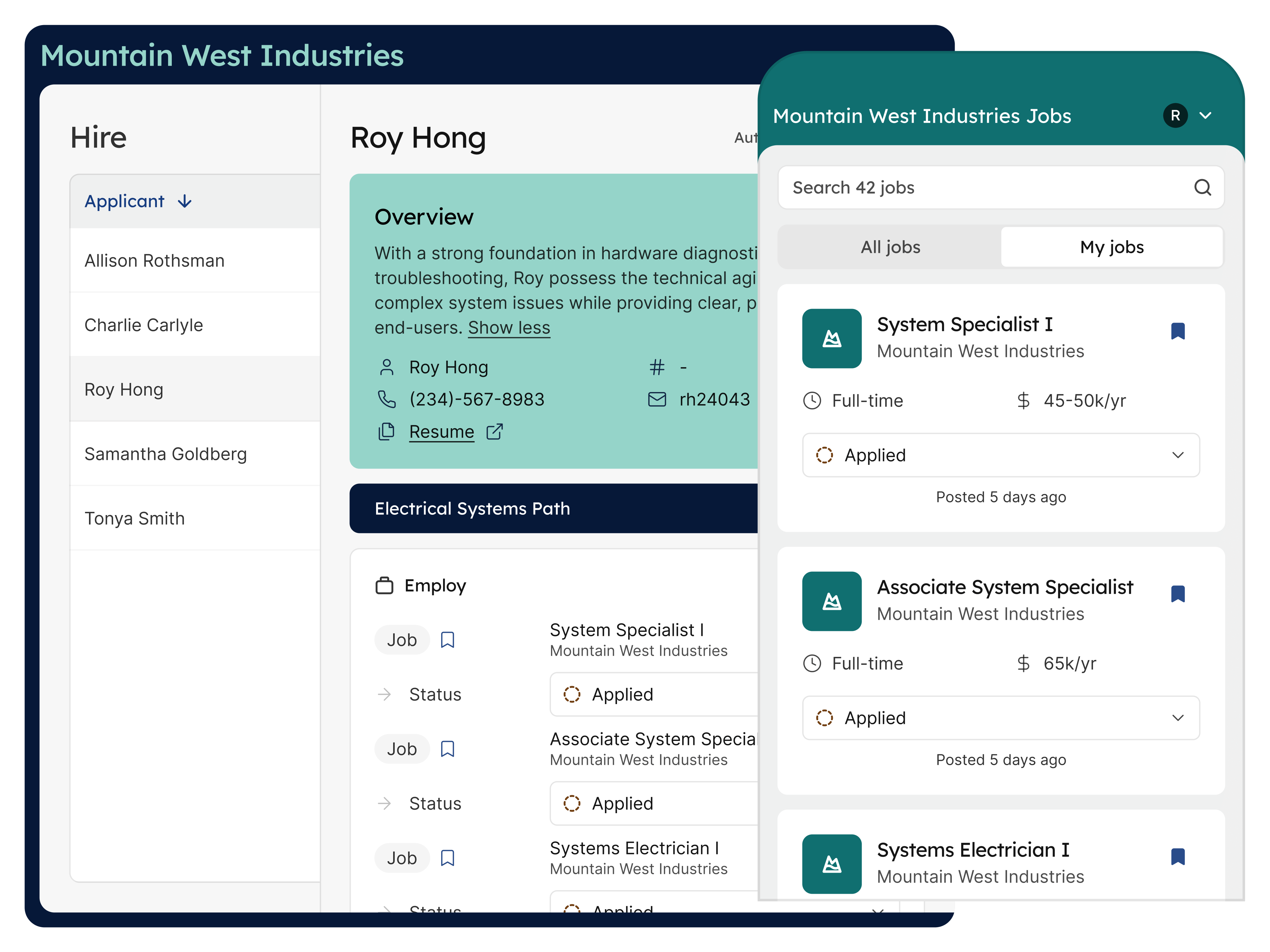 A learner record and job portal that have synced information, showing how updates from one product update the other product.