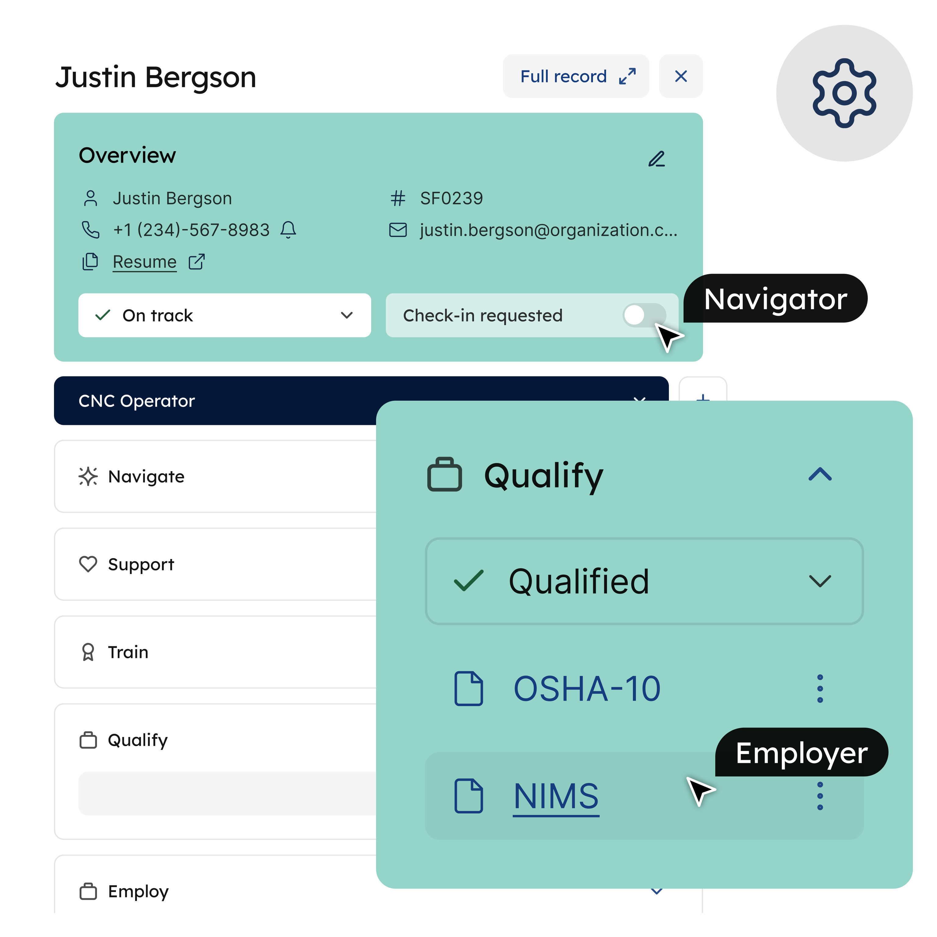 A learner’s record with a card overlaid, showing the learner is qualified for employment and has two credentials uploaded. A Navigator and Employer cursor is shown to show the platform is multi-sided.
