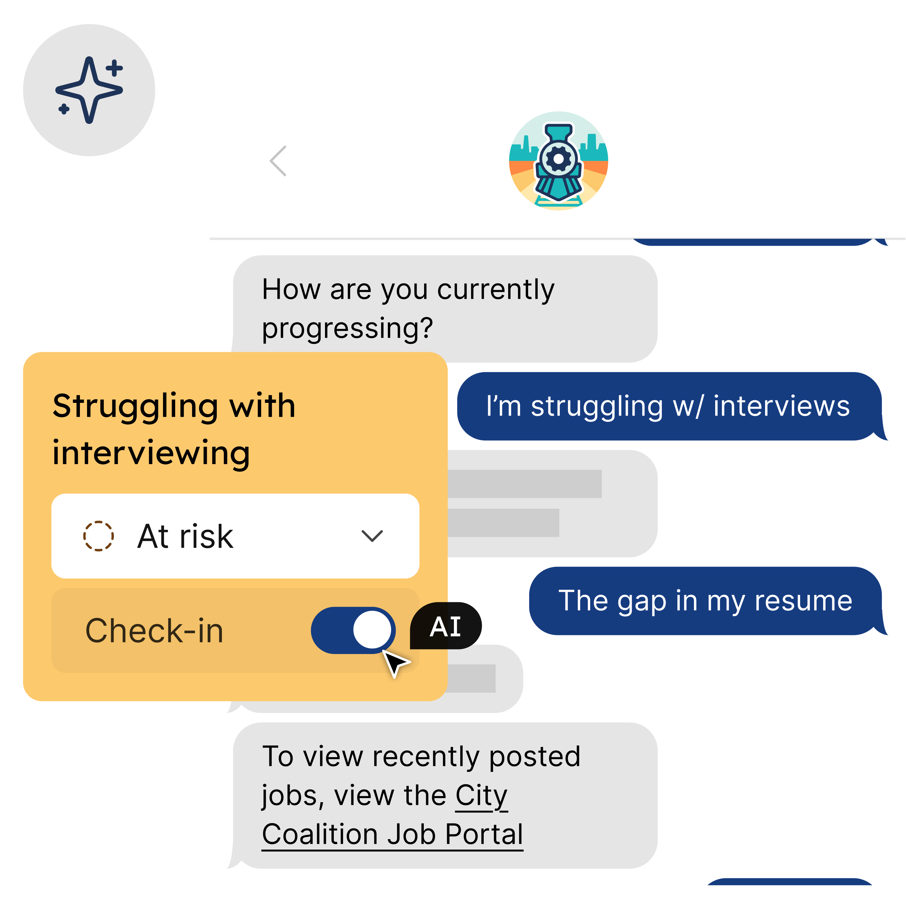 A phone with a text conversation between an AI bot and a learner showing that the learner is struggling with interviewing. Overlaid on the phone is an AI summary that shows the learner is struggling and that the learner requested a check-in.