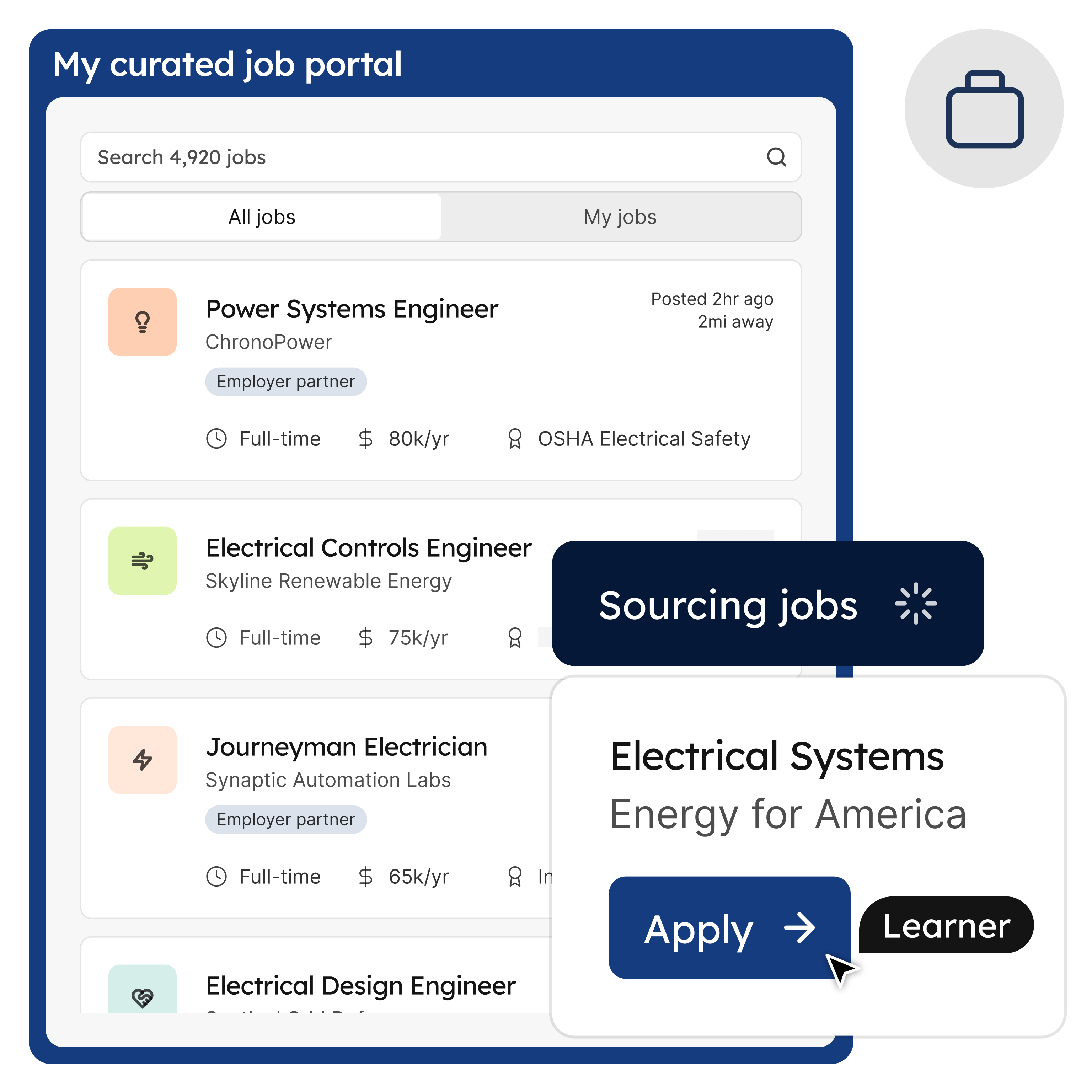 A job portal with many filter options and job postings. Overlaid is two cards: one that shows how the jobs are automatically sourced, and the other that shows how learners can easily apply to jobs.