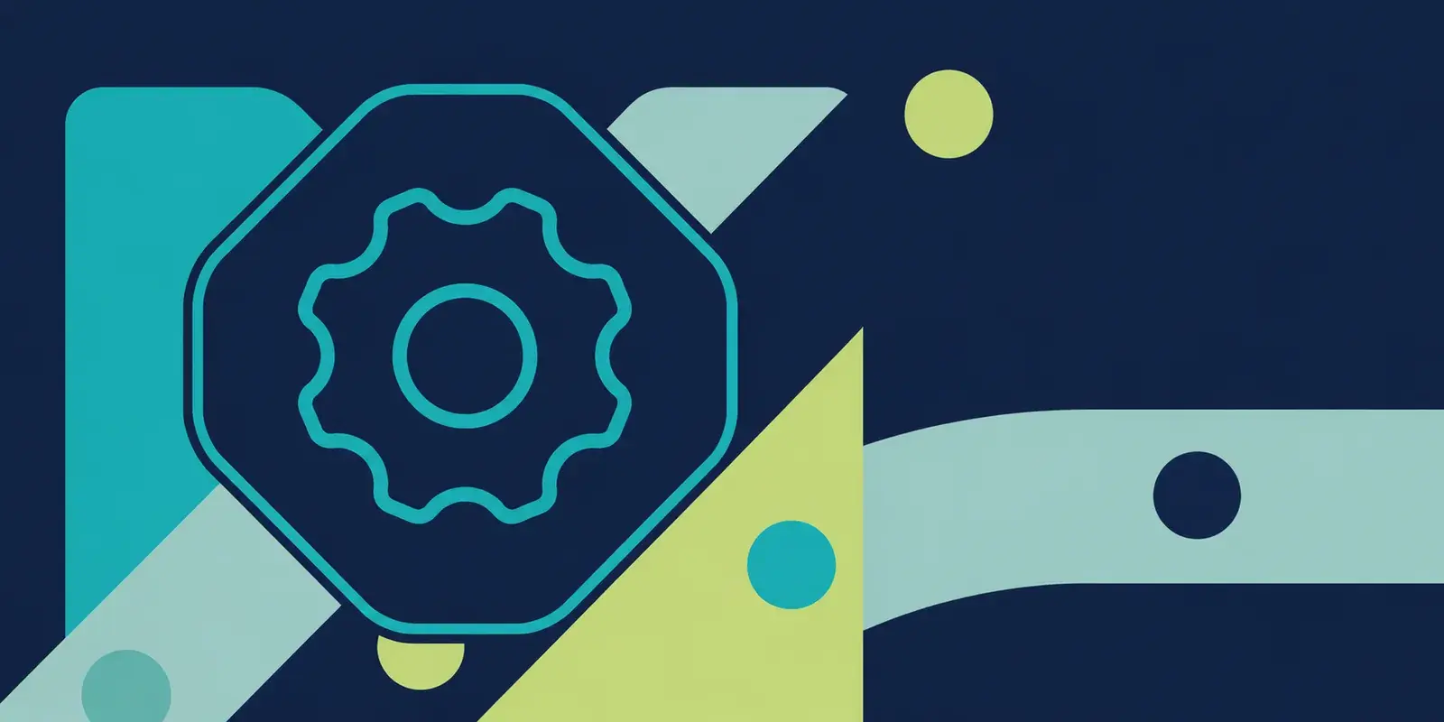 Abstract illustration of a gear inside an octagon with connected shapes, representing workforce systems infrastructure.